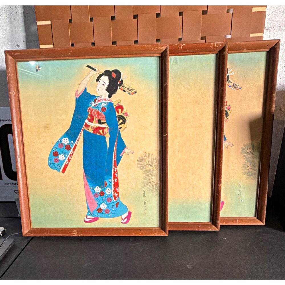 Set of 3 Framed Japanese-Style Geisha Woman Portrait Print Art, Portrait